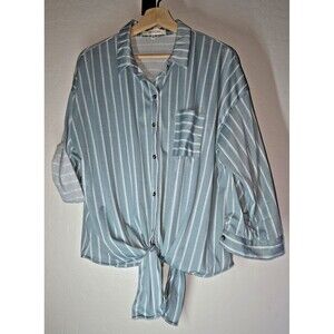 Eden & Olivia  Vertical Striped Button-down Shirt w/ Front Tie Waist - Blue
